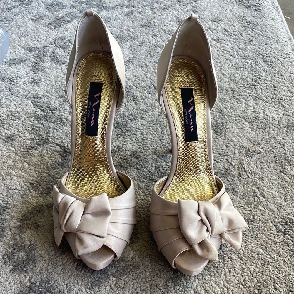 Nina Cream Peep Toe Heels with Bow Detail